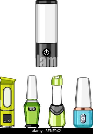 Various compact portable blenders in different designs, including usb rechargeable models, providing convenience for making smoothies and shakes on th Stock Vector