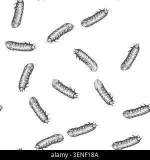 seamless pattern grub chafer hand drawn. lawn silhouette, garden summer, pest worm grub chafer black sketch illustration Stock Vector