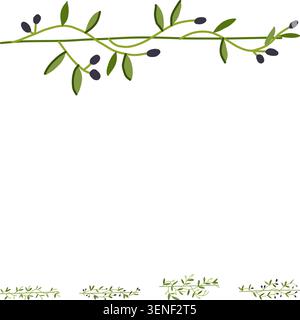 Olive branch design element creating a natural border or divider, featuring green leaves and dark fruit, useful for branding, decoration, and mediterr Stock Vector