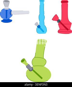 Collection of colorful water pipes and small devices for dry herb smoking, illustrating different designs and options for recreational or medicinal us Stock Vector