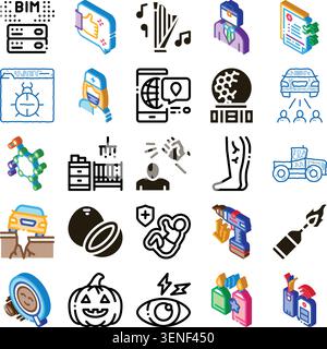 Collection of various isometric icons representing a wide range of concepts including business management. Technology. Medical fields. Lifestyle eleme Stock Vector