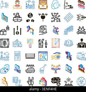 Set of assorted isometric and line icons illustrating a wide range of themes, including finance, education, health, nature, communication, transportat Stock Vector
