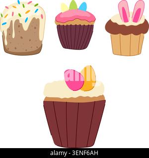 Holiday sweet treats and festive cupcakes featuring colorful sprinkles, decorative eggs, and bunny ears, creating a vibrant collection celebrating the Stock Vector