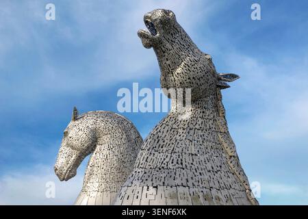 The Kelpies, monumental steel horse head sculptures and iconic public art located at Helix Park in Falkirk, Central Scotland. Stock Photo