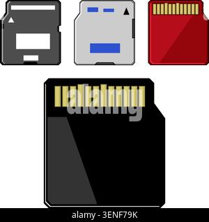 Collection of memory cards and flash media in various formats on white background, illustrating portable digital storage, data transfer, backup and co Stock Vector