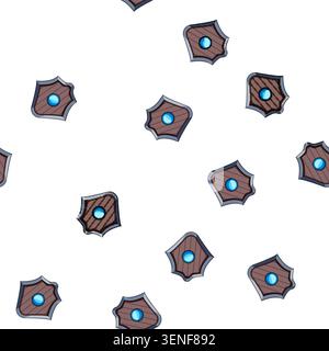 pattern Brown wooden shield featuring a prominent blue glowing magic gem in the center, symbolizing protection, power, defense, and ancient mystical s Stock Vector