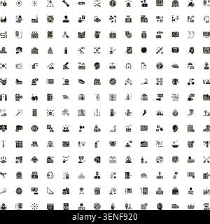 Large collection of minimalist black and white glyph icons representing various objects, concepts, activities, and everyday symbols for digital and pr Stock Vector