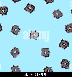 seamless pattern Brown wooden shield featuring a prominent blue glowing magic gem in the center, symbolizing protection, power, defense, and ancient m Stock Vector