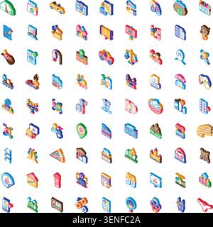 Isometric icons collection presenting diverse concepts from business, technology, and social objects to communication, nature, and entertainment theme Stock Vector