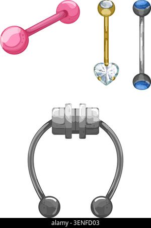 Assortment of body piercing jewelry featuring a pink barbell, a gold belly ring with a heart gem, a silver barbell, and a horseshoe shaped septum ring Stock Vector