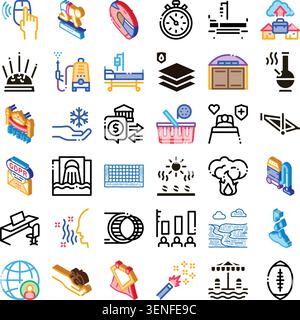 Set of isometric and outline icons illustrating diverse themes including technology, business, medical care, finance, travel activities, and general a Stock Vector