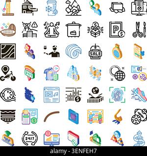 Set of assorted glyph, line, and isometric icons illustrating a wide range of concepts including lifestyle, nature, technology, finance, travel, and d Stock Vector