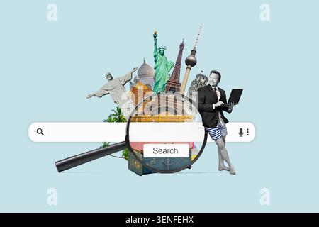 A man with a laptop stands on a big magnifying glass and searches for vacation, using a laptop. Isolated on free flat design background. Trip selectio Stock Photo
