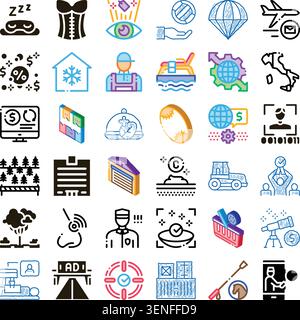 Colorful and black glyph icon set representing business, travel, logistics, security, health, agriculture, sports and technology concepts for digital, Stock Vector