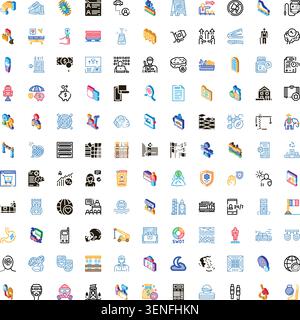 Collection of numerous modern isometric and line icons representing diverse concepts related to business, corporate services, safety, technology, and Stock Vector