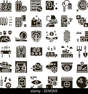 Collection of various business, industry, commerce, finance, and technology related services in a black glyph icon style, perfect for representing div Stock Vector