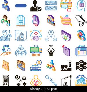 Diverse collection of isometric icons depicting various concepts from business, technology, security, medical, and industrial sectors, illustrating a Stock Vector
