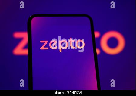 Paris, France - June 11, 2026: The Zepto logo displayed on a smartphone screen against a dark background. Stock Photo