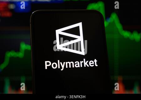 Paris, France - June 11, 2026: A close-up shot of the Polymarket logo displayed on a mobile device screen. Stock Photo