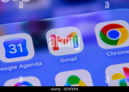 Paris, France - June 11, 2026: Close-up view of Gmail app icon on a smartphone screen. Stock Photo