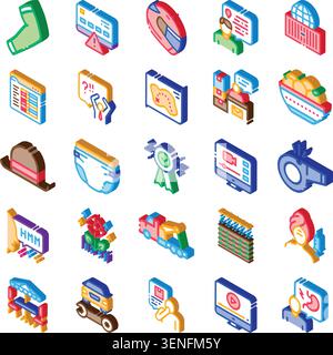 Isometric icon set showing diverse symbols, elbow pad, helmet, mask, diaper, food bowl, cargo container, servers, data error, analytics, delivery, rep Stock Vector