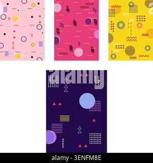 Four colorful vector posters with playful memphis style geometric patterns, lines, dots and shapes creating vibrant, modern backdrops and templates fo Stock Vector