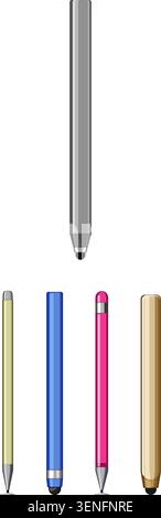 Stylus collection on a clean white background. Showcasing an assortment of digital pens in different colors and designs. Representing modern technolog Stock Vector