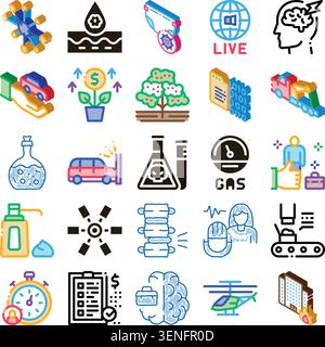 Icons illustrating various concepts like business growth, data processing, chemical research, personal health, industrial production, and environmenta Stock Vector