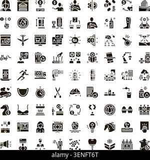 Comprehensive glyph icon set covering finance, health, technology, industry and environment for ui, web and app design  versatile symbols for business Stock Vector
