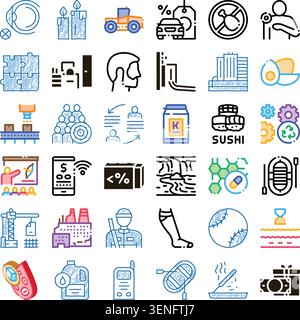 Doodle style icon set depicting medicine, business, travel, industry, tech and everyday lifediverse infographic elements for web, apps, presentations Stock Vector