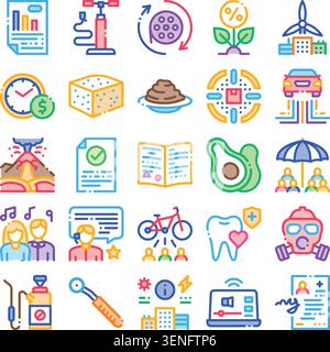 Set of colorful line art icons symbolizing a wide range of lifestyle concepts including business, finance, health, environmental care, leisure, and pe Stock Vector