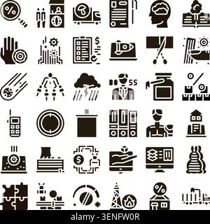 Collection of black and white glyph icons illustrating various concepts from business management, financial industries, technology, and economic strat Stock Vector
