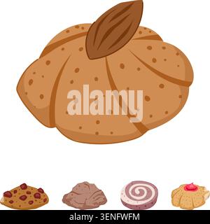 Various types of delicious baked goods, including an almond butter cookie, chocolate chip, rock cake, pinwheel, and jam filled biscuit, appear isolate Stock Vector