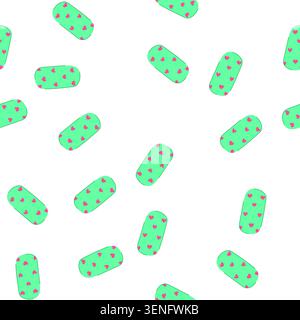 pattern seamless nail art design displays a vibrant green with small pink hearts, representing beauty, fashion, and self care in a playful, illustrate Stock Vector