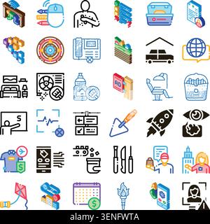 Diverse collection of flat isometric and outline icons on various themes including medical, business, lifestyle, construction, travel, and technology, Stock Vector