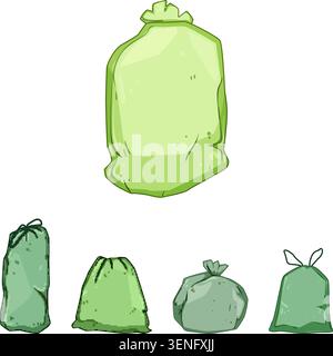 Various green compostable waste bags illustrating sustainability and organic recycling solutions, featuring different styles for responsible garbage d Stock Vector