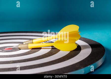 A close-up side angle shot of two yellow darts resting on top of a black and white circular dartboard, representing strategic pauses, planning, preparation, and project objectives. Stock Photo