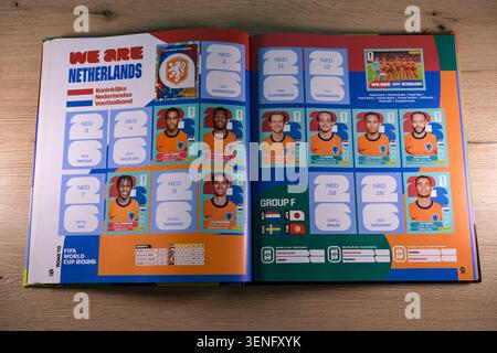June 7, 2026, United States. A partially completed page of the Netherlands national team in the Panini sticker album dedicated to the FIFA 2026 World Stock Photo