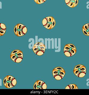seamless pattern tropical tribal mask cartoon. wooden africa, hawaii aztec, traditional party tropical tribal mask sign vector Stock Vector