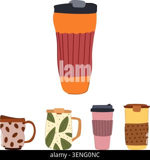 Reusable coffee cups and travel mugs with distinct designs arranged on a white background, promoting sustainability and eco friendly choices for daily Stock Vector