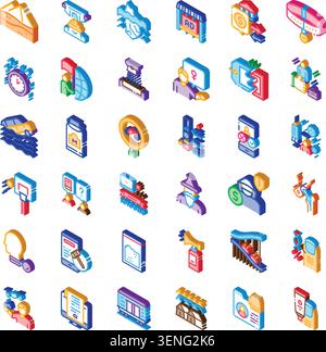 Isometric set of business and technology icons covering shopping, finance, security, transport, communication and webmobile uiversatile graphics for a Stock Vector