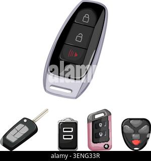 Collection of cartoon illustrations depicting various remote car key fobs and smart keys used for vehicle access, ignition, and security systems, high Stock Vector