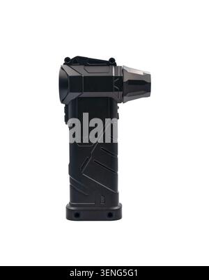 A portable electric leaf blower on a white background is designed for powerful air blowing. Stock Photo