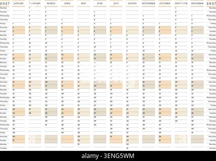 2027 Minimal Yearly Wall Planner, A0 Landscape Calendar Template with Monday Start Stock Vector