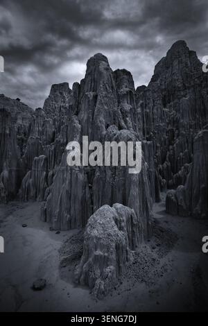 A dramatic, vertical black and white photograph of the towering bentonite clay spire formations at Cathedral Gorge State Park in Nevada Stock Photo