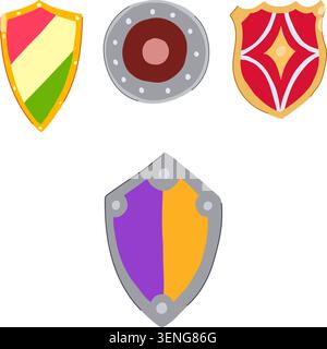 Diverse shield collection featuring crests, round and heraldic designs for medieval and fantasy warriors, knights, game ui assets conveying protection Stock Vector