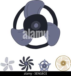 Collection of various fan blade designs and structures, illustrating options for ventilation and temperature regulation in diverse electronic and indu Stock Vector