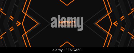 Dark abstract background with sharp orange geometric lines and chevron mirrored shapes on a black wide backdrop, creating a modern futuristic frame Stock Vector