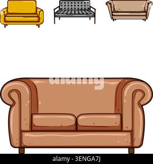 Group of various modern and classic upholstered sofas and couches with different styles, colors, and designs, providing comfortable seating furniture Stock Vector
