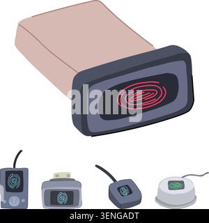 Biometric fingerprint scanner devices provide access control and identification, verifying security and privacy with advanced technology for personal Stock Vector